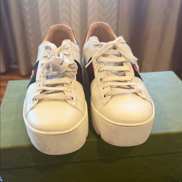 Gucci Ace Platform Sneakers Bee White Leather - Picture 6 of 8